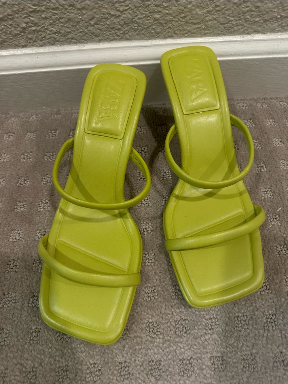 Zara Neon Lime Double-Strap Square-Toe Heeled Mules